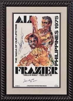 1975 Original "Thrilla in Manilla" Framed 14 x 23 Fight Poster Dual Signed by Muhammad Ali and Joe Frazier with Inscription "The Greatest" by Ali (JSA)